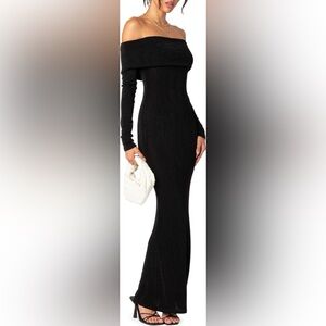 Edikted Black Off Shoulder Maxi Dress Long Sleeve Bodycon Size L NWT